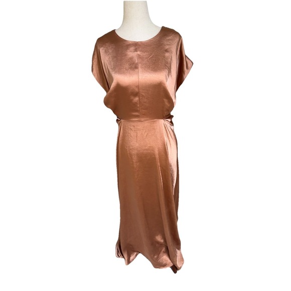 Bohme Satin Maxi Dress Copper Bronze Tie Waist Short Sleeve Medium Modest - Picture 2 of 8